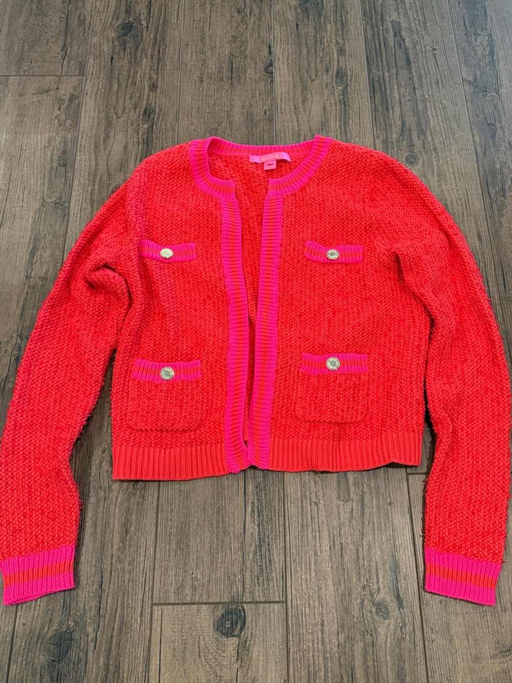 Lilly Pulitzer Red and Hot Pink Trim Chunky Knit Cardigan